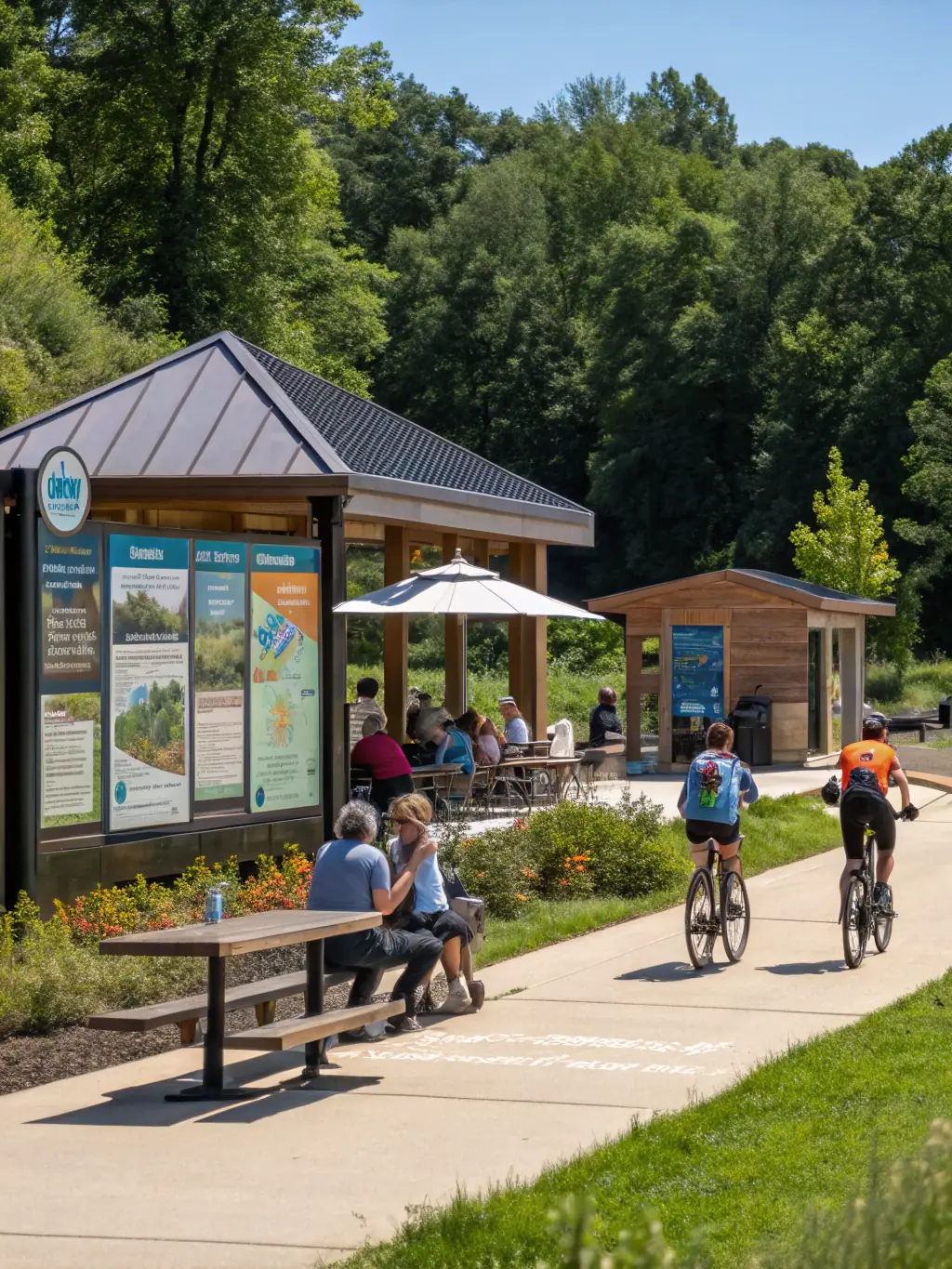 A modern, welcoming rail trail welcome center with cyclists and hikers stopping to rest, featuring informational displays and a small cafe.