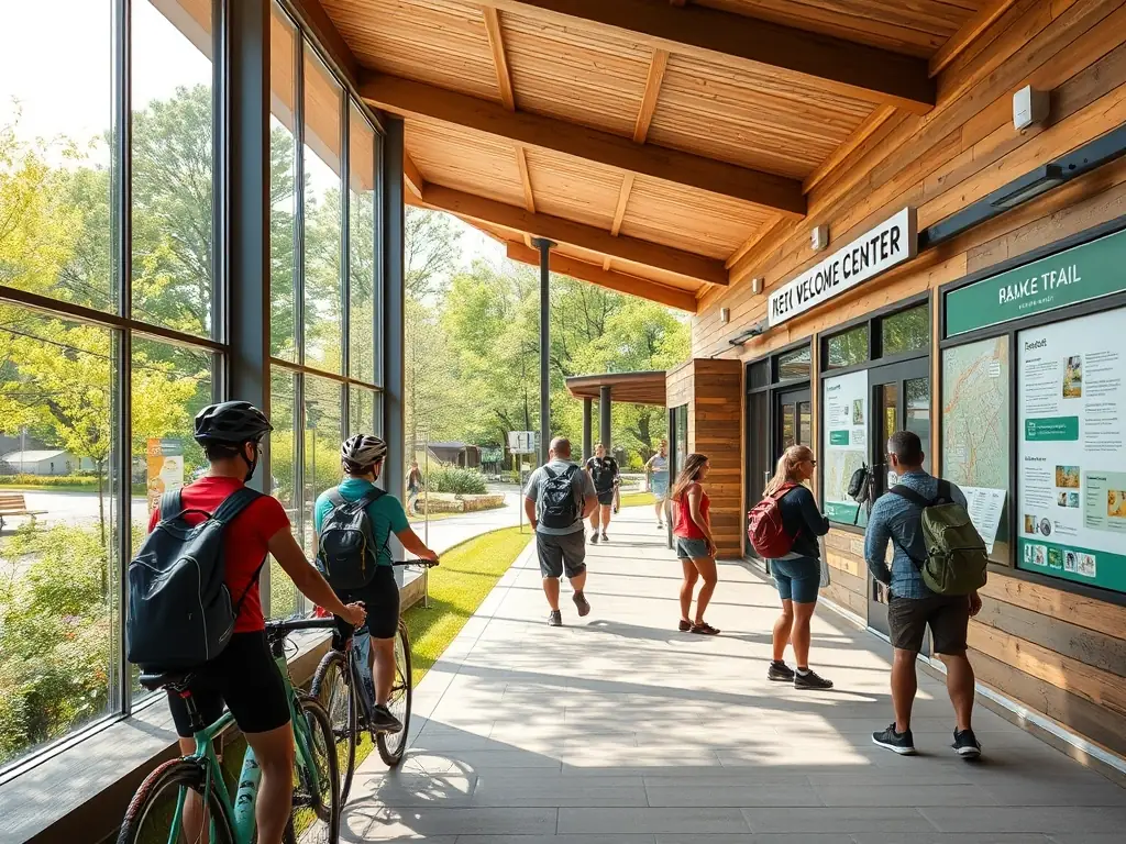 An inviting image of the Rail Trail Welcome Center at Livingston Legacy Holdings, featuring cyclists and pedestrians stopping to rest and gather information. The center should appear modern and well-equipped, with maps and informational displays visible.