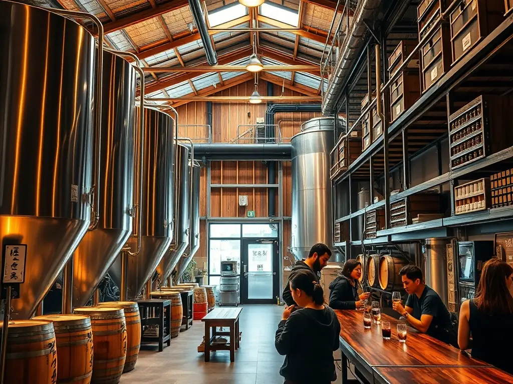 A photograph of the interior of the craft sake brewery, showing the brewing equipment and tasting area, with people sampling different sakes.