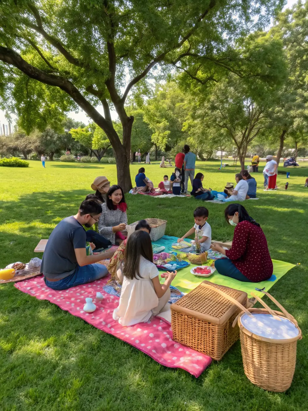 A serene photograph of the open green space within Livingston Legacy Holdings, featuring families picnicking and children playing, with the downtown skyline in the background.