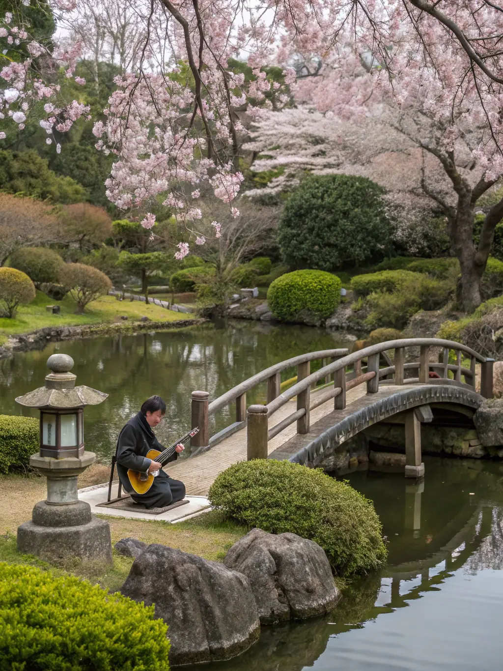 A photograph of the serene Japanese garden, showcasing its meticulously designed landscape, with a koi pond and traditional stone lanterns.
