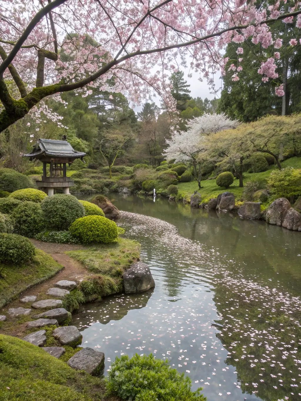 A meticulously maintained Japanese garden with a koi pond, stone lanterns, and carefully pruned trees, creating a tranquil and reflective atmosphere.