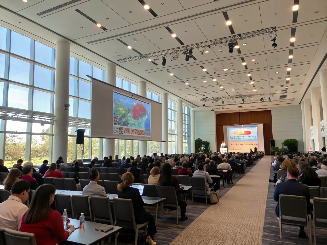 A photograph of the convention center, showing its spacious interior and modern amenities, with people attending a conference.
