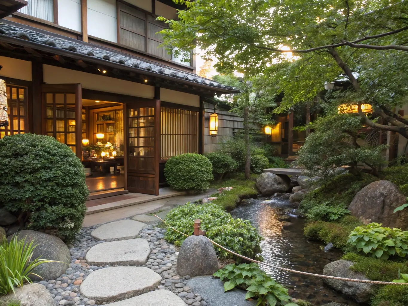 A photograph of the exterior of the Japanese restaurant, showcasing its modern design and inviting atmosphere, with people dining outside.
