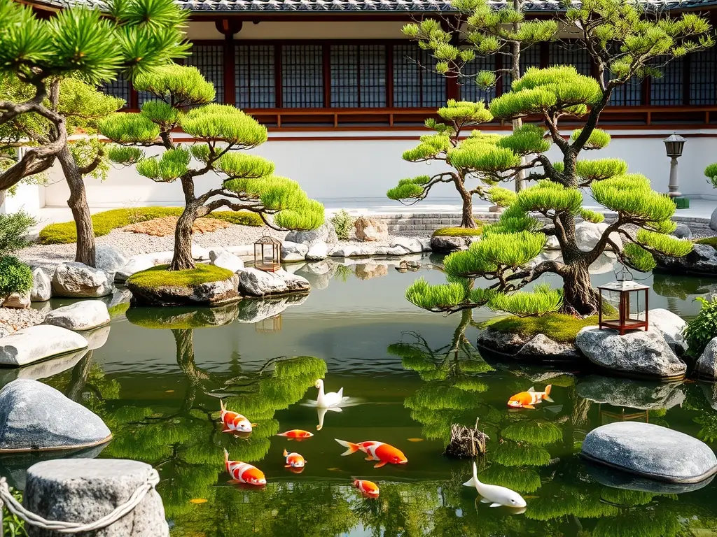 A serene photograph of the Japanese garden at Livingston Legacy Holdings, showcasing meticulously manicured plants, a tranquil pond with koi fish, and traditional stone lanterns. The image should evoke a sense of peace and tranquility.