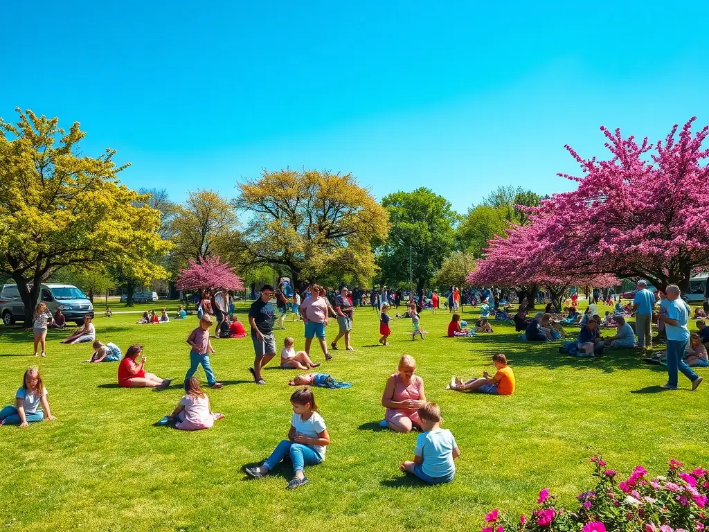 A wide shot of the open green spaces within the Livingston Legacy Holdings development, featuring people enjoying various activities such as picnicking, playing frisbee, and relaxing on benches. The image should convey a sense of community and leisure.